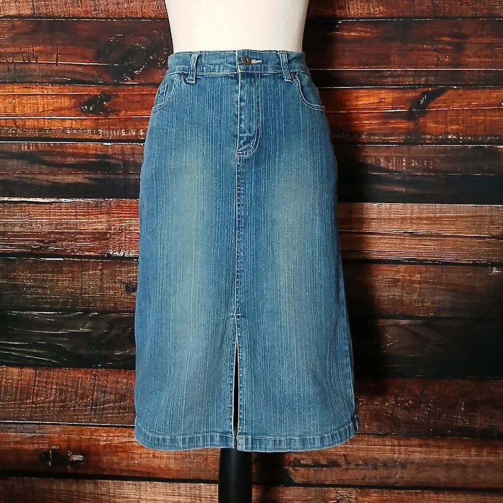 Jane Doe Vintage Jean Skirt 11 12 High Rise Fitted Straight Slit Denim Stretch